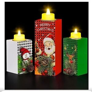 Festive LED Candle Set with Santa and Snowman NIB
